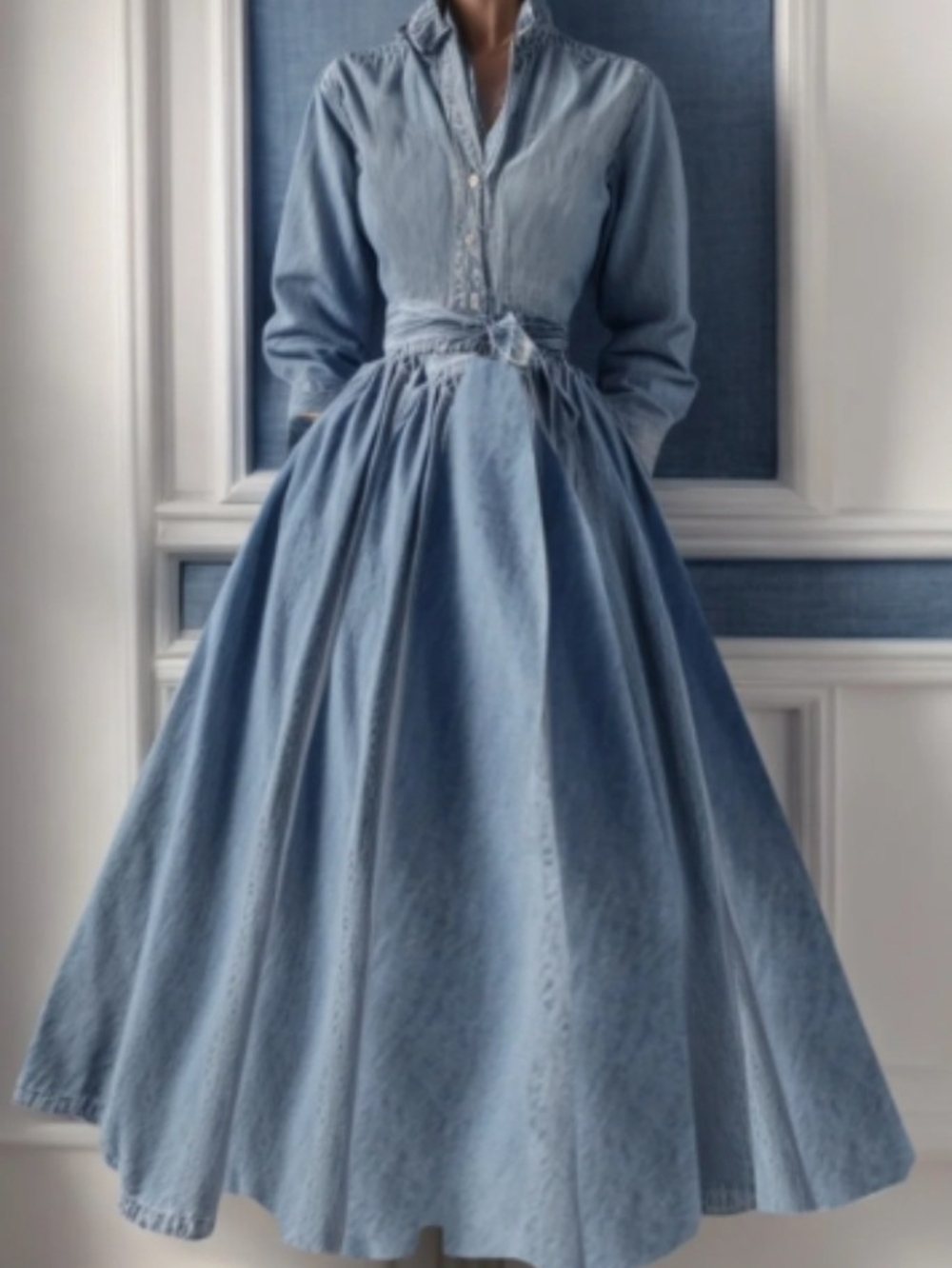 Classic Light Blue Denim Maxi Shirt Dress with Tie Waist
